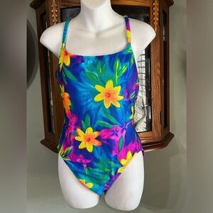 NWT Vintage Catalina Ribbed Hibiscus Tie Dye One Piece Swimsuit Size Large